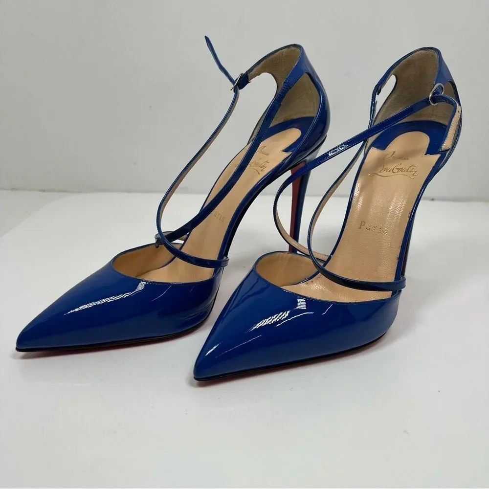 Christian Louboutin Cross Blake 100 Patent Electric Blue Strap Heel Pump Size 10 - Picture 3 of 9
